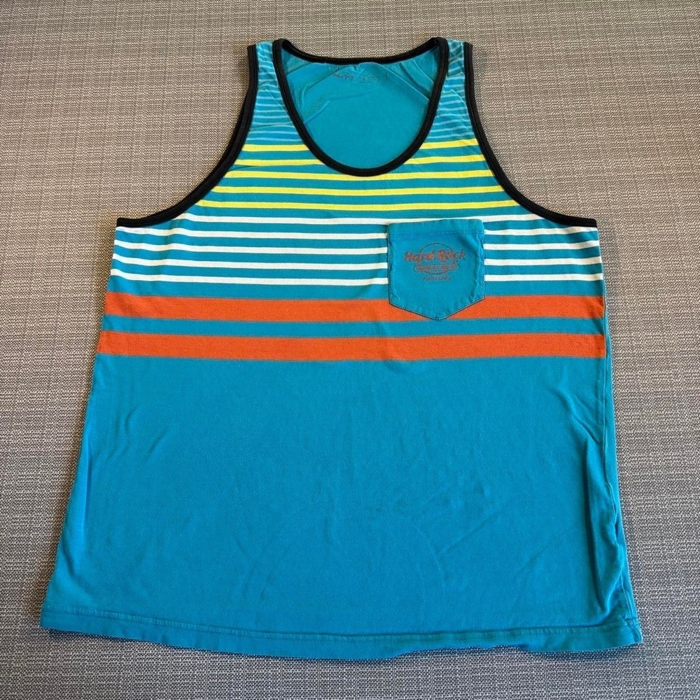Hard Rock Cafe blue tank top with horizontal stripes